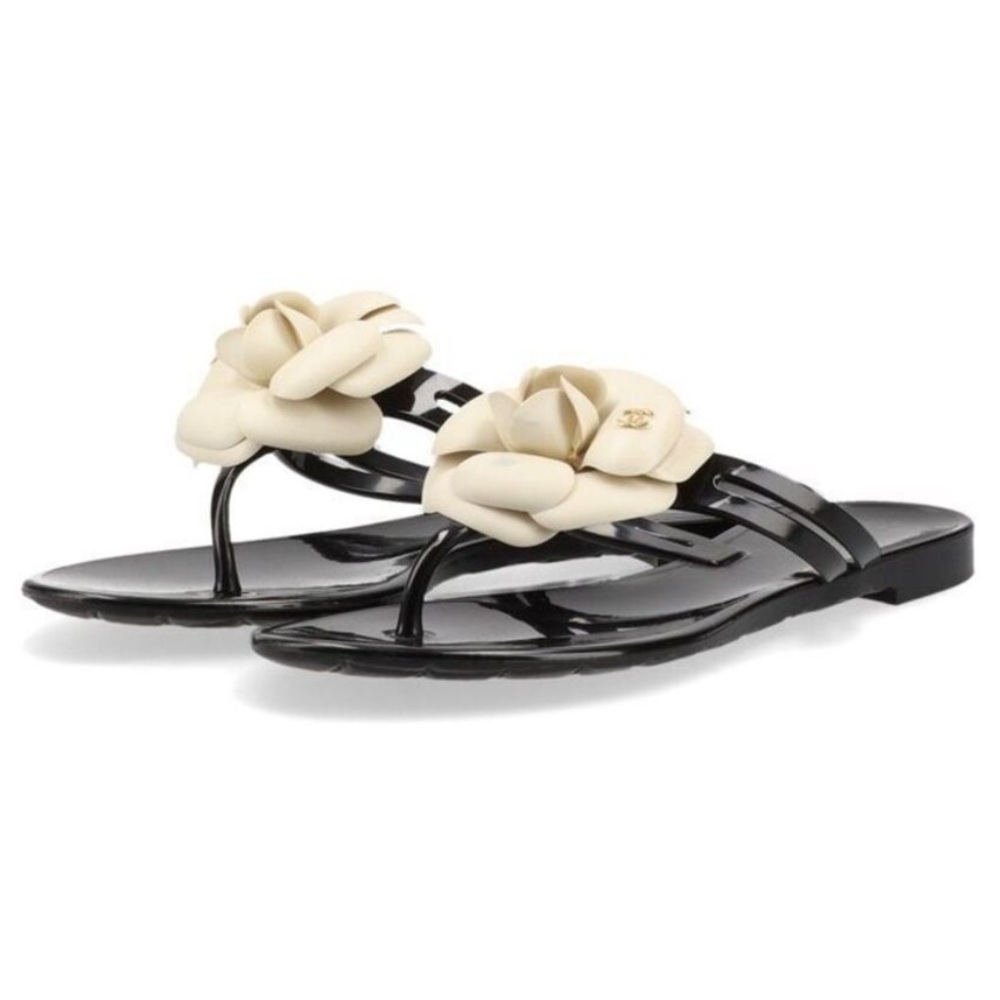 Chanel Camellia CC Logo Black Ivory Jelly Flat Sandals